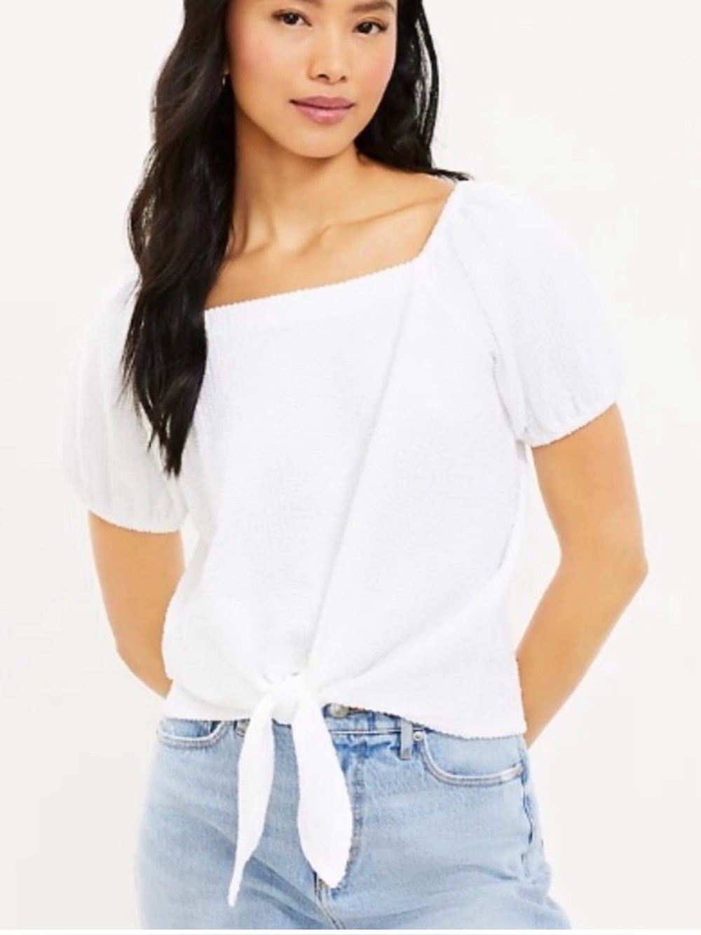 LOFT NWT White Square-Neck Seersucker Tie-Front Puff Sleeve Top Large